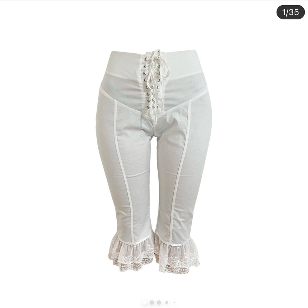White Lace-Up Cropped Pants with Ruffle Hem